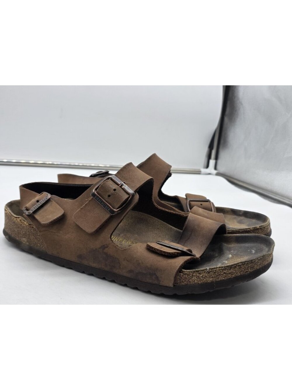 Birkenstock Milano Sandals Shoes Mens Size 13 Brown Leather Cork Stains Damage